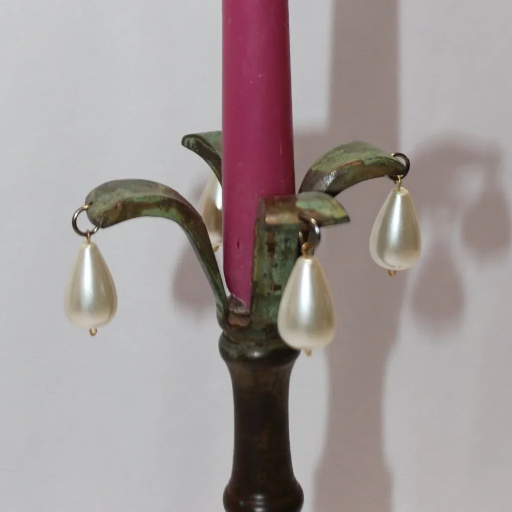 Brass Taper Candlestick w/Patina and Teardrop Pearls